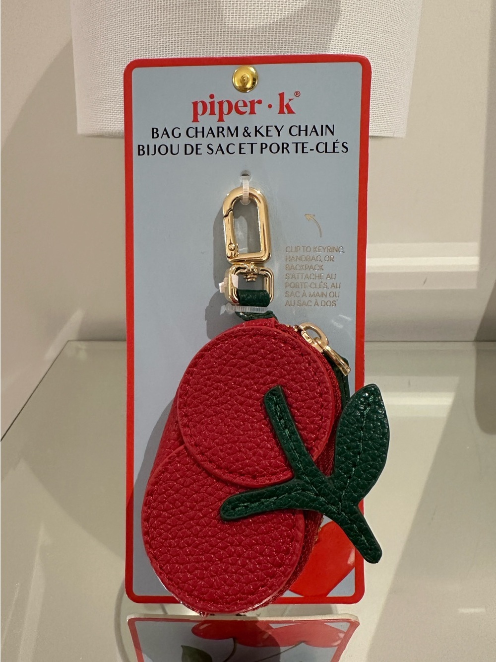 Piper K Viral Red Cherry Key & Bag Charm with Green Leaf & Zip Pouch NWT